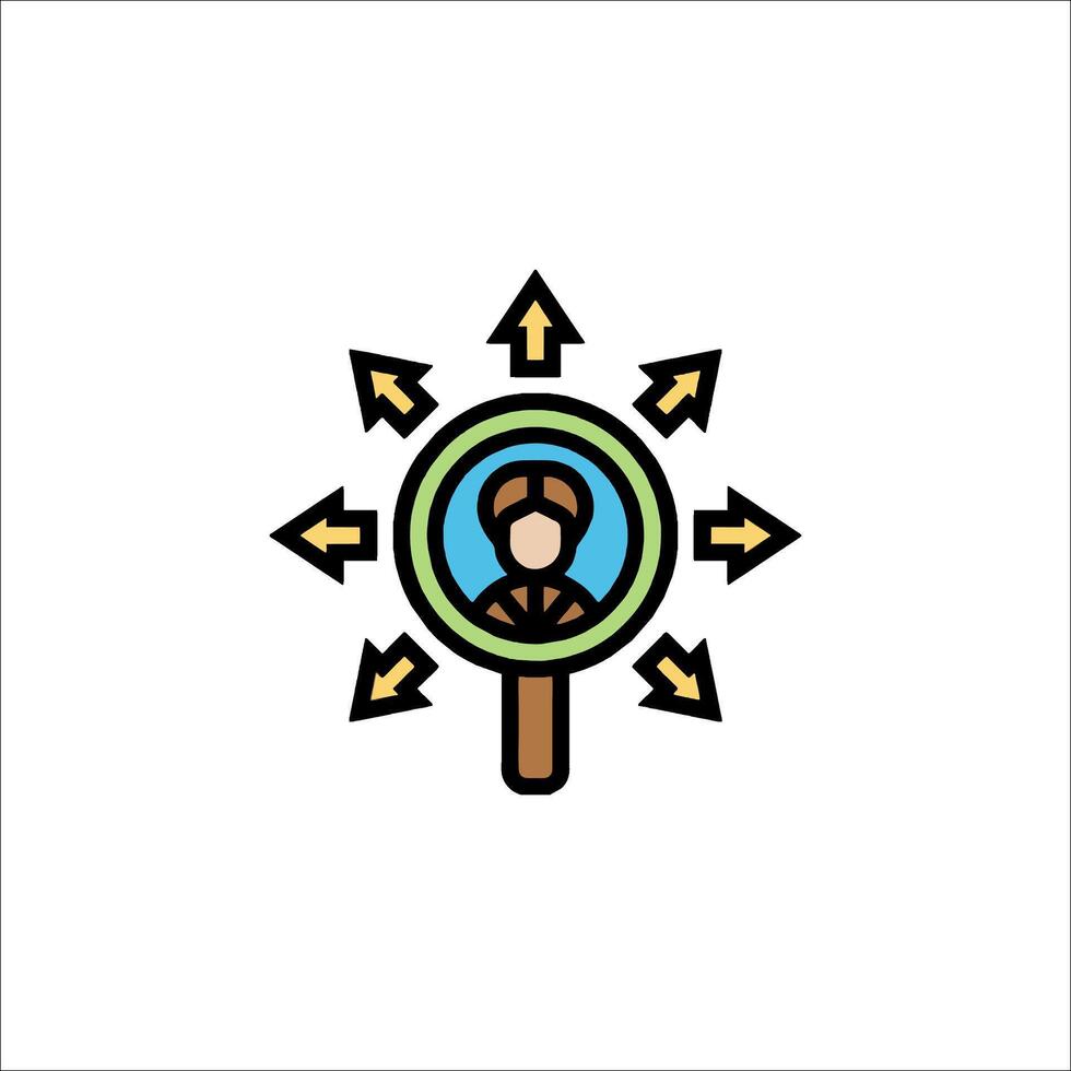 A person looking through a magnifying glass with arrows pointing to it vector
