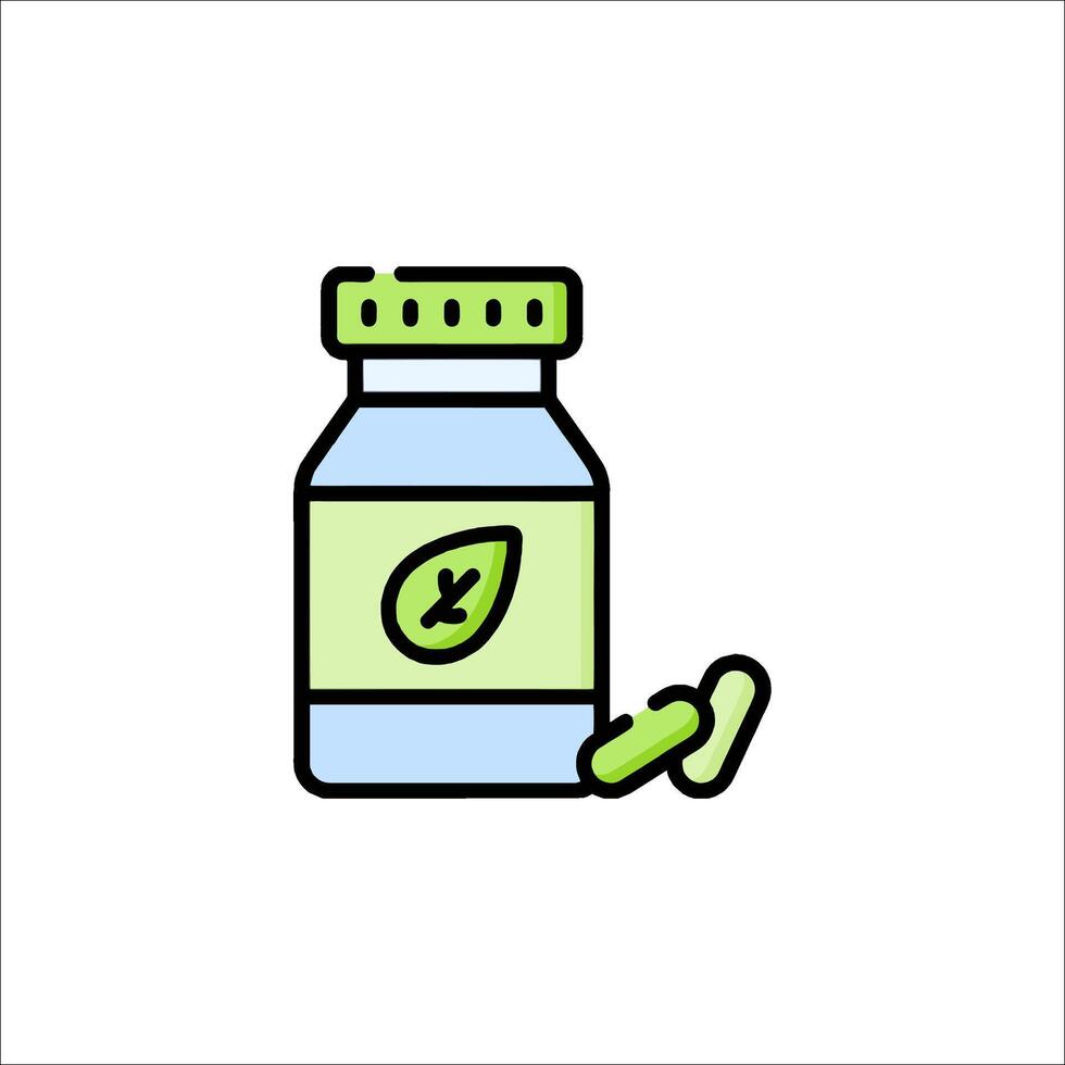 A bottle of vitamins and pills with a green leaf vector