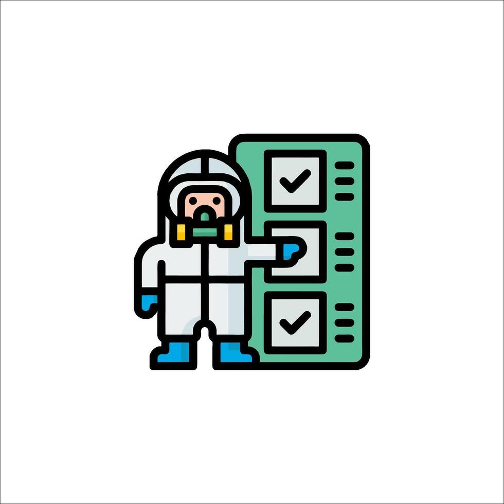 A man in a gas mask and protective suit is holding a check box vector