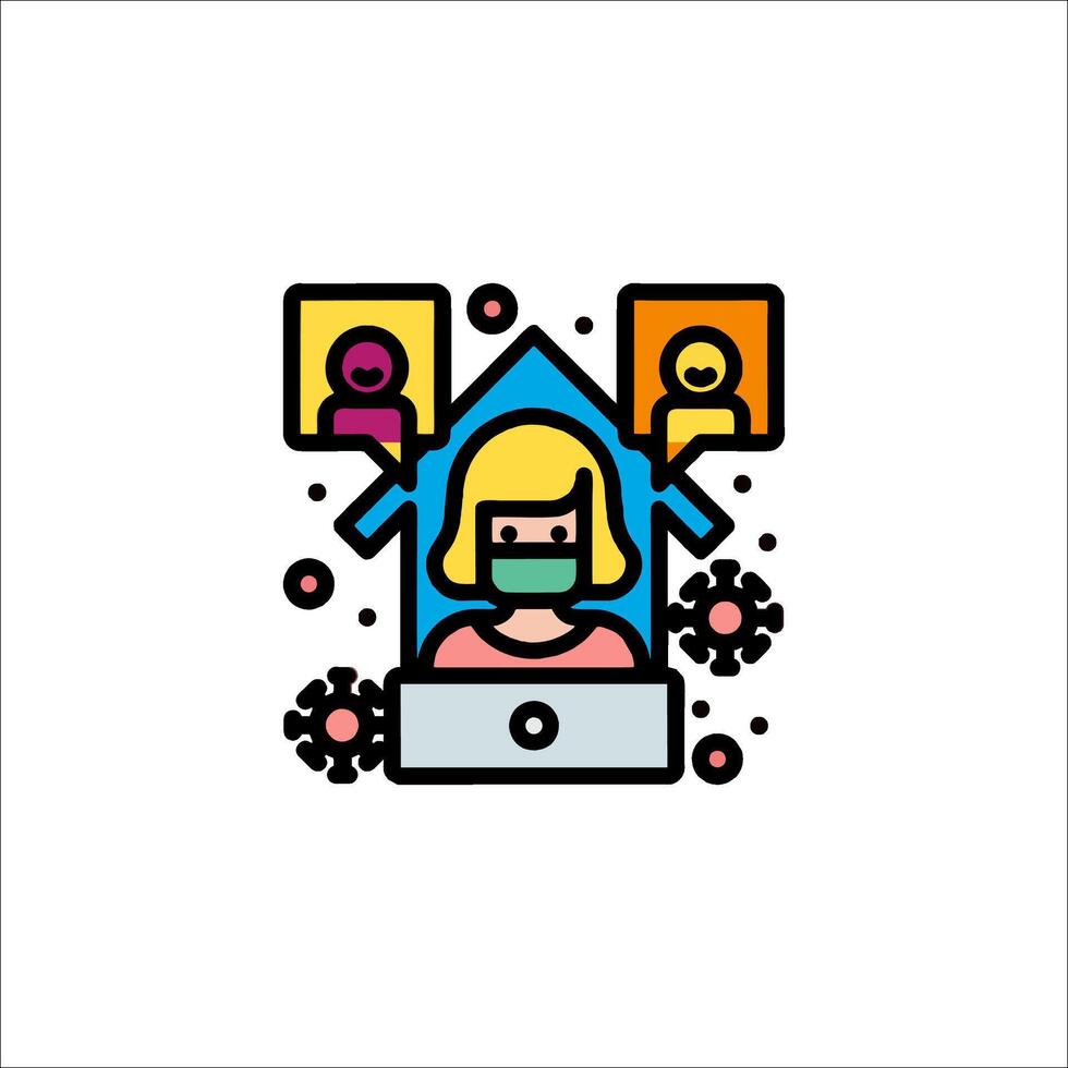 A woman in a mask is sitting at a computer vector