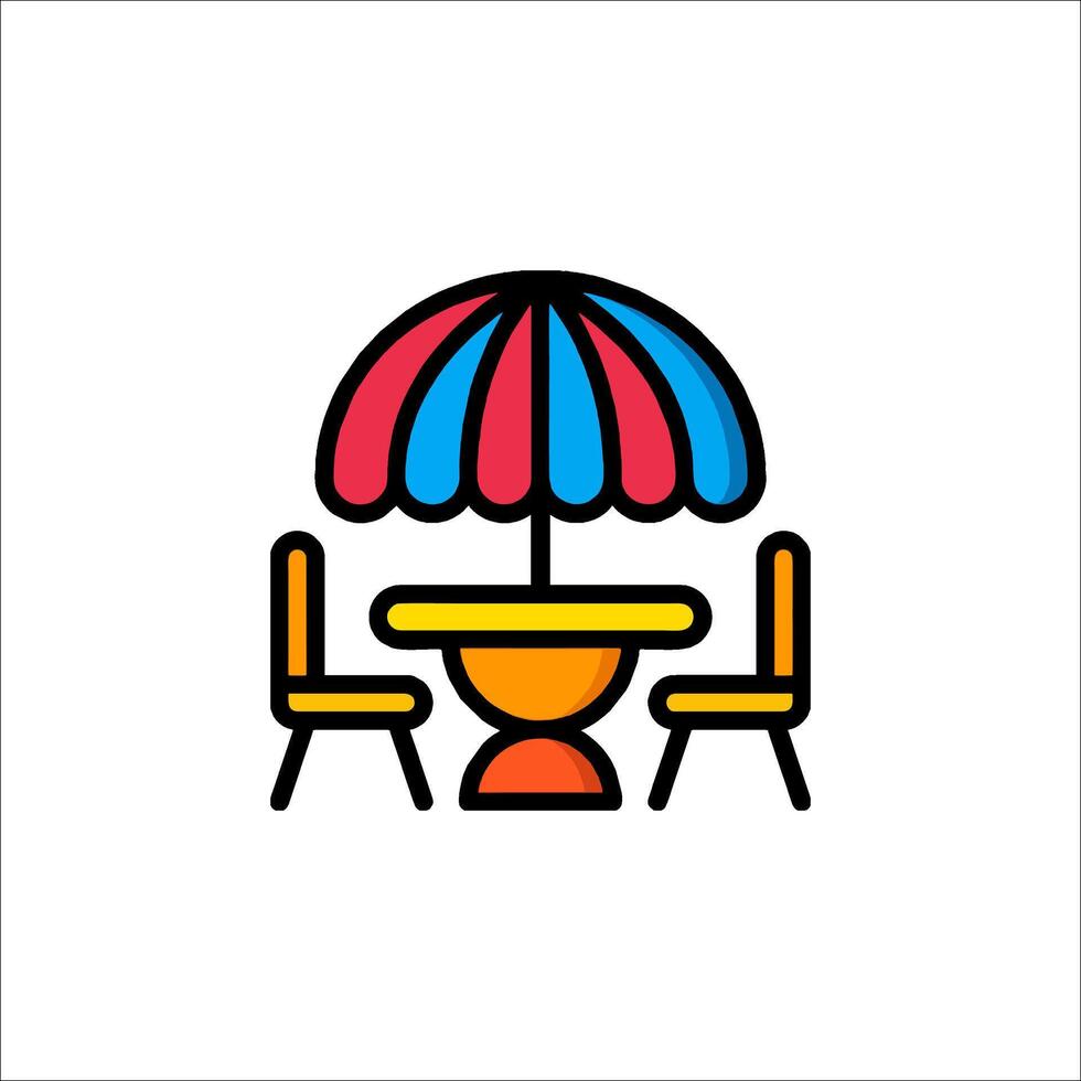 A colorful umbrella and table with chairs vector