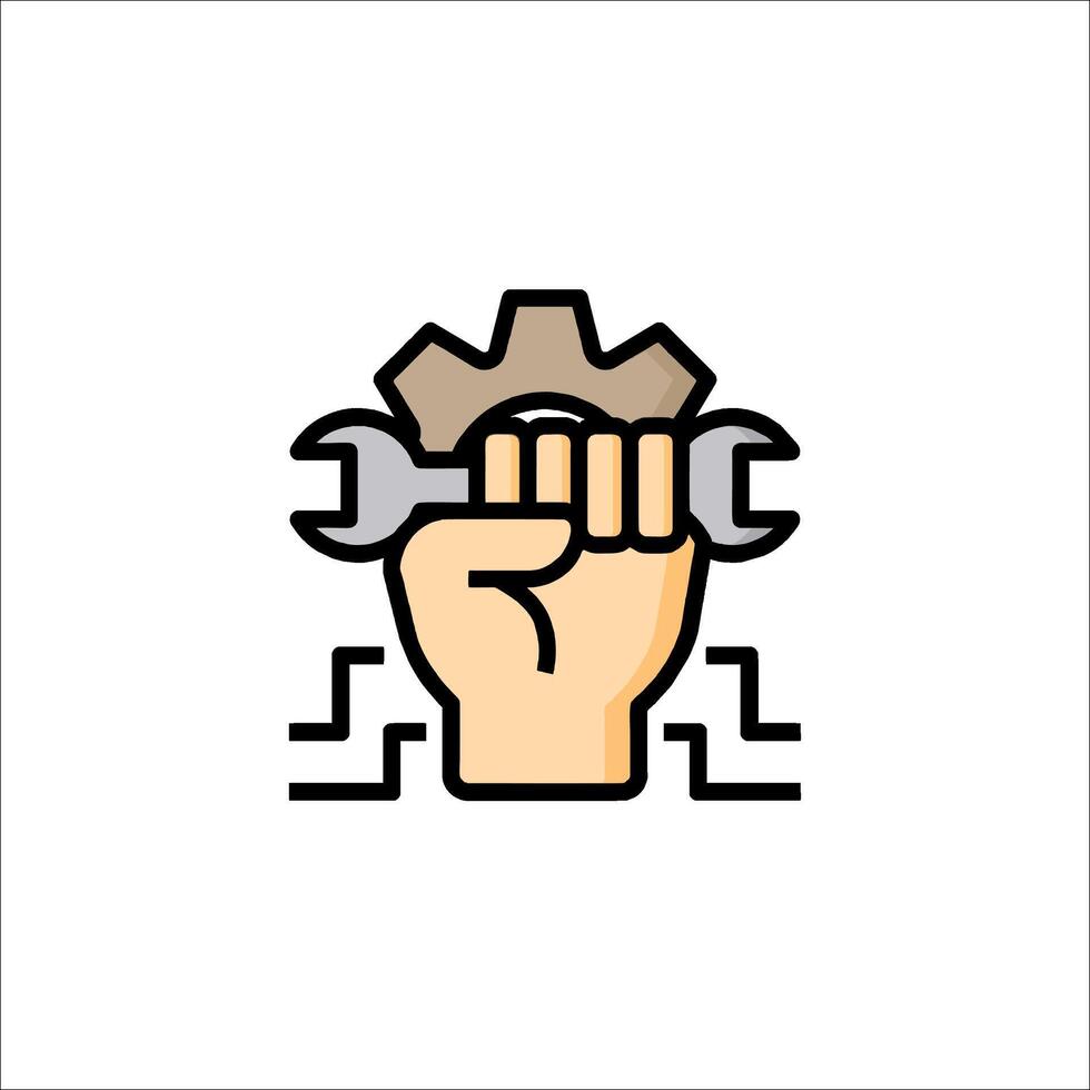 A hand holding a wrench icon in a flat style vector