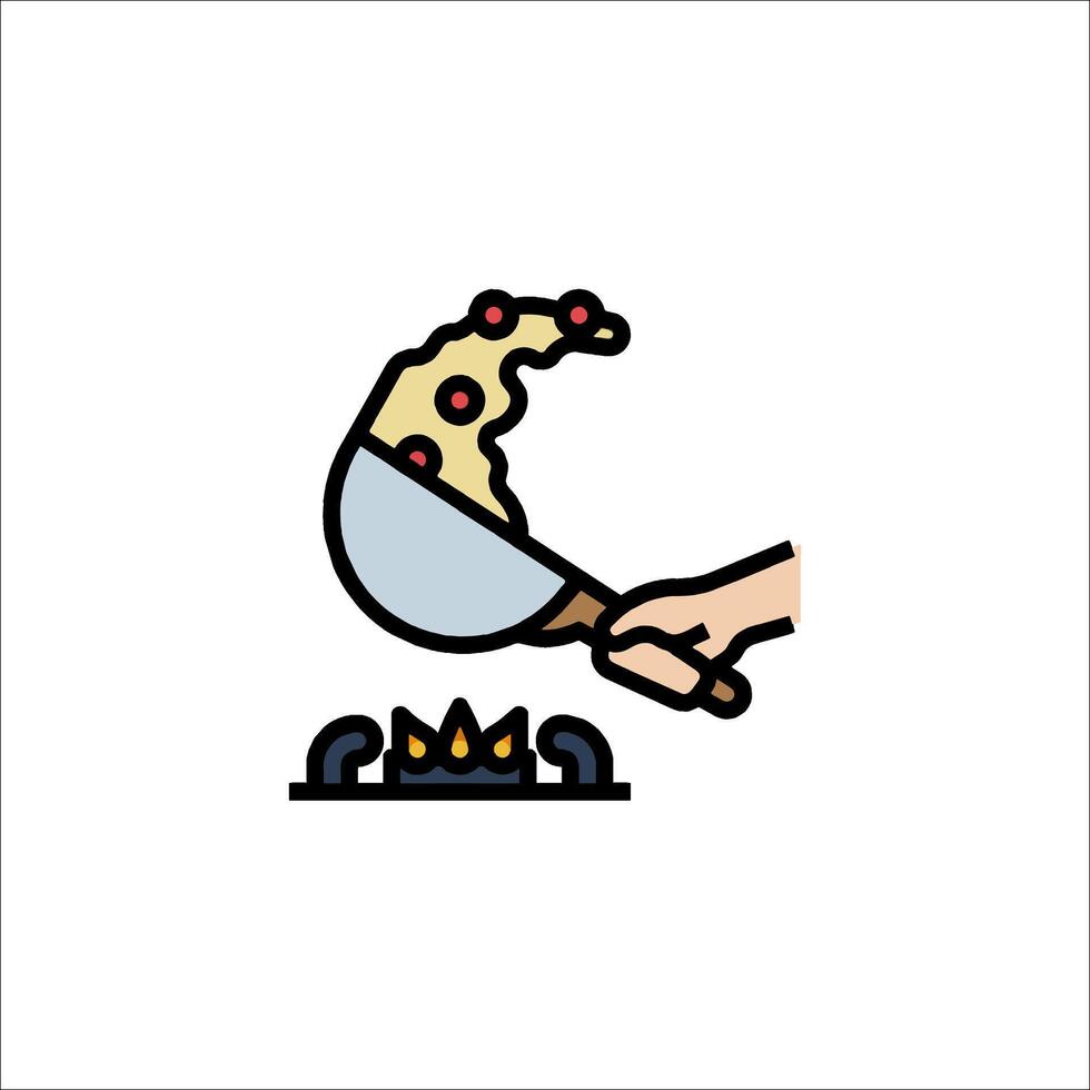 A hand is holding a pizza on a pan vector