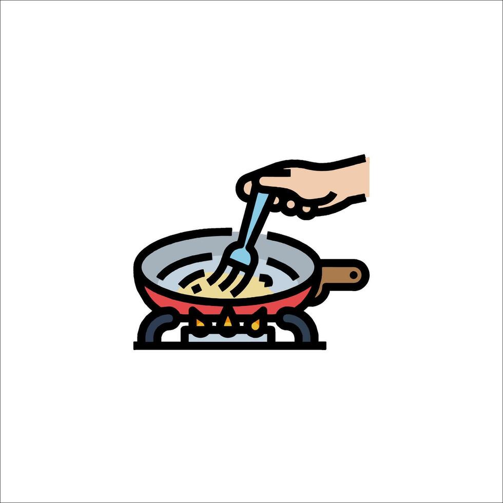 A hand holding a frying pan with a fork vector