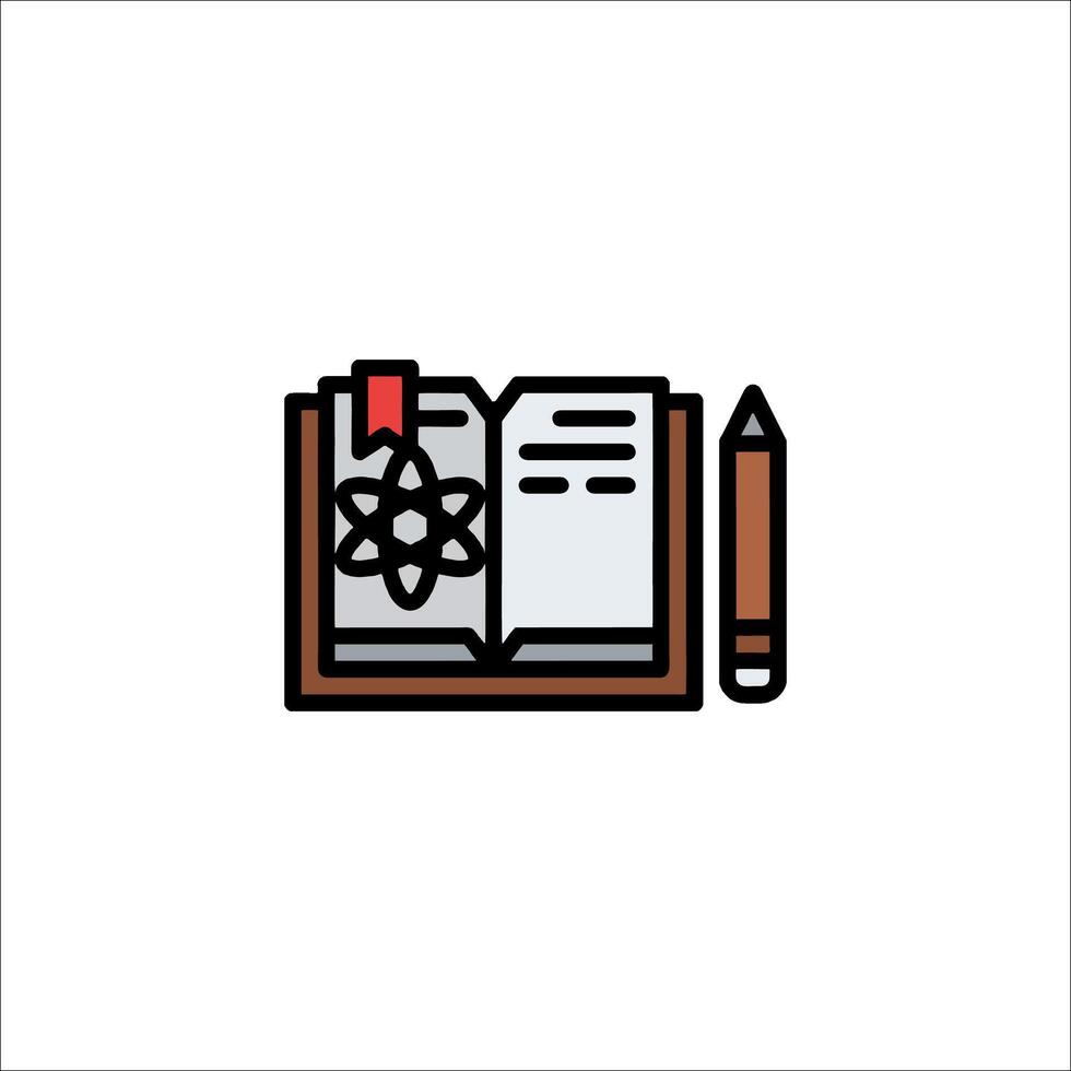 An open book with a pencil and an atom symbol vector