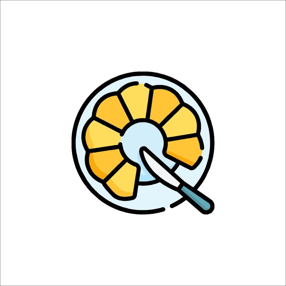 A plate with a knife and a slice of pineapple vector
