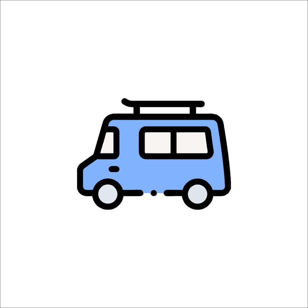 A blue van with a surfboard on top vector