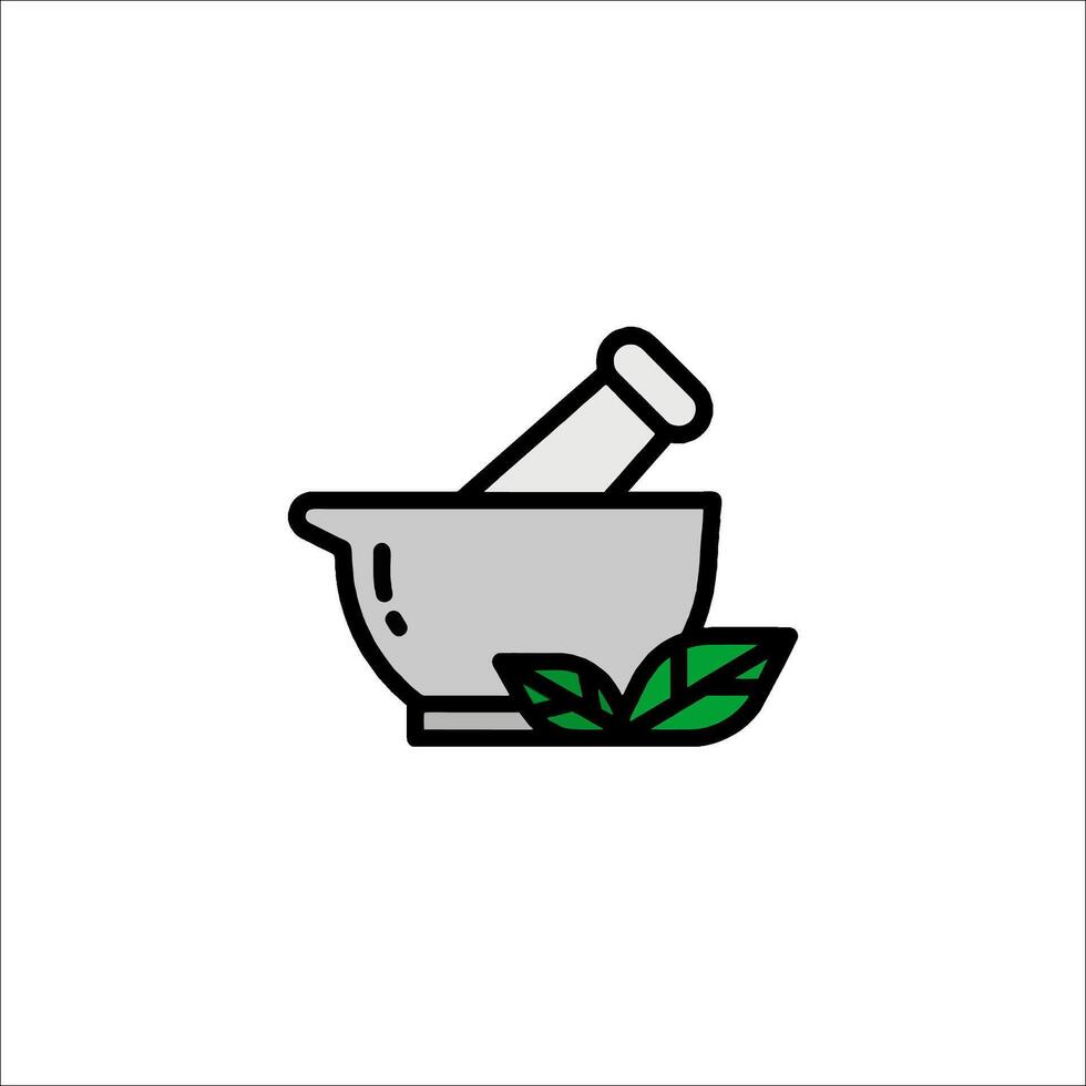 A mortar and pestle icon with a green leaf vector