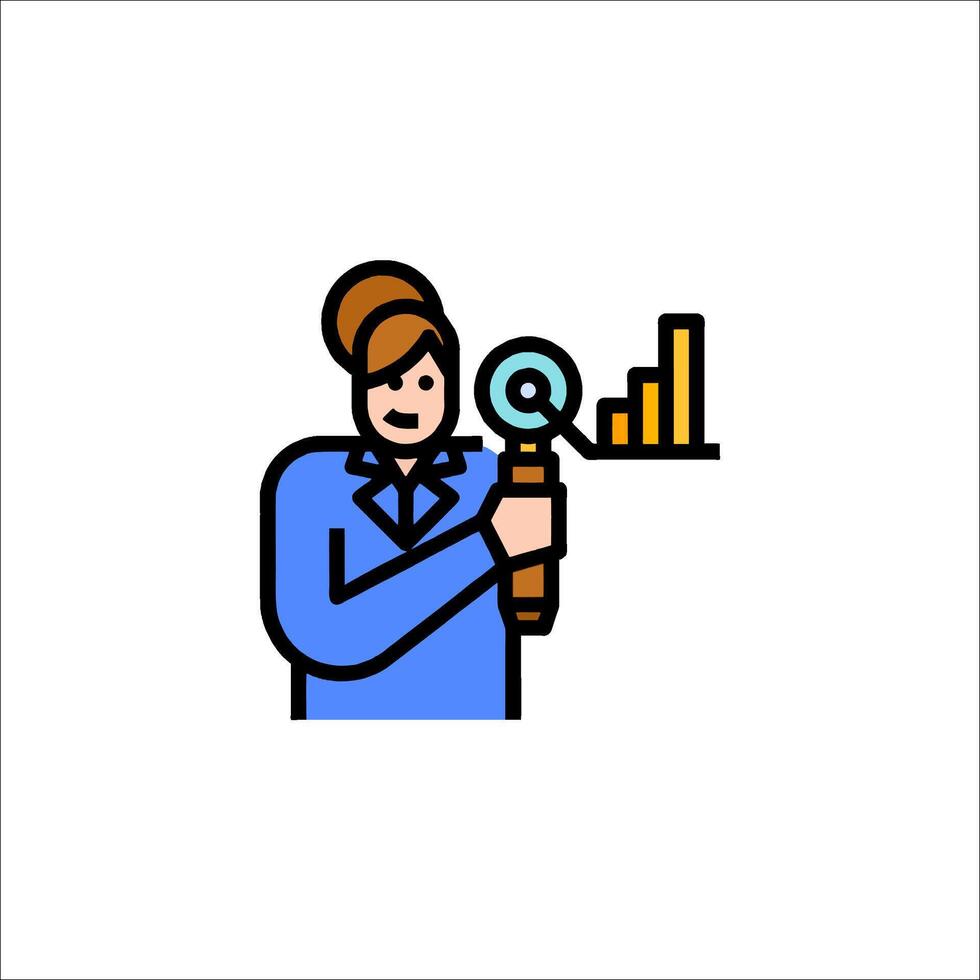 A woman holding a magnifying glass and looking at a chart vector