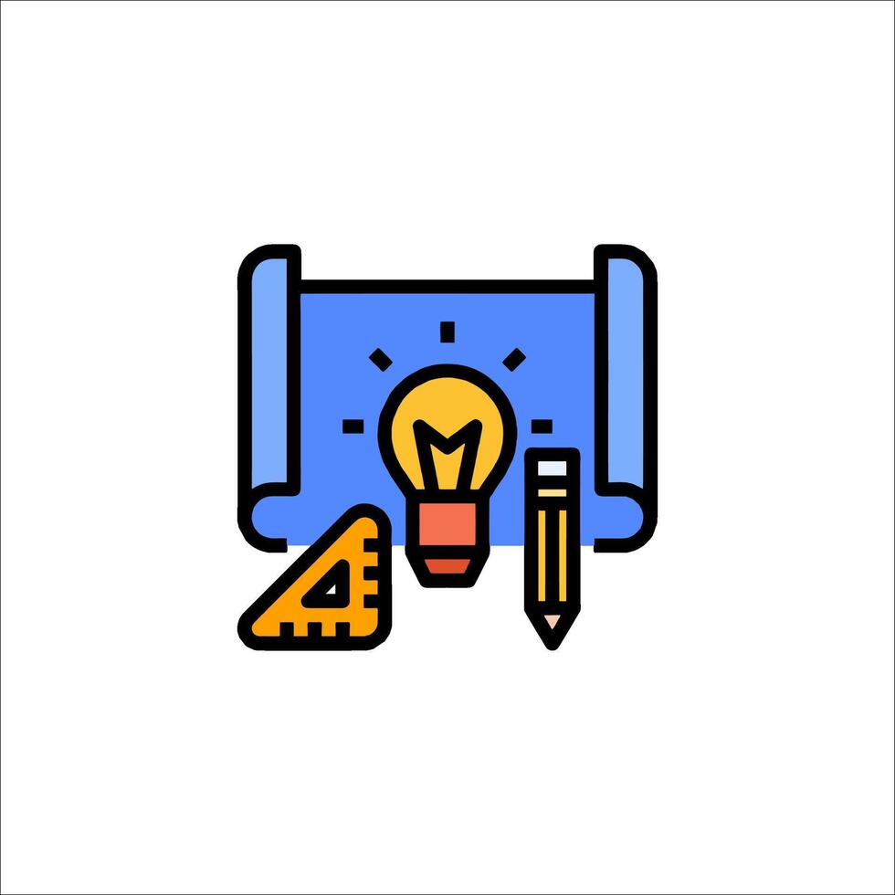 A blue and yellow icon with a light bulb and pencil vector