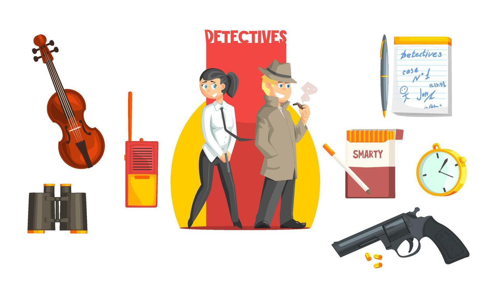 Male and Female Private Detective with Tools Set, Gun, Bullets, Radio, Violin, Binoculars, Illustration vector