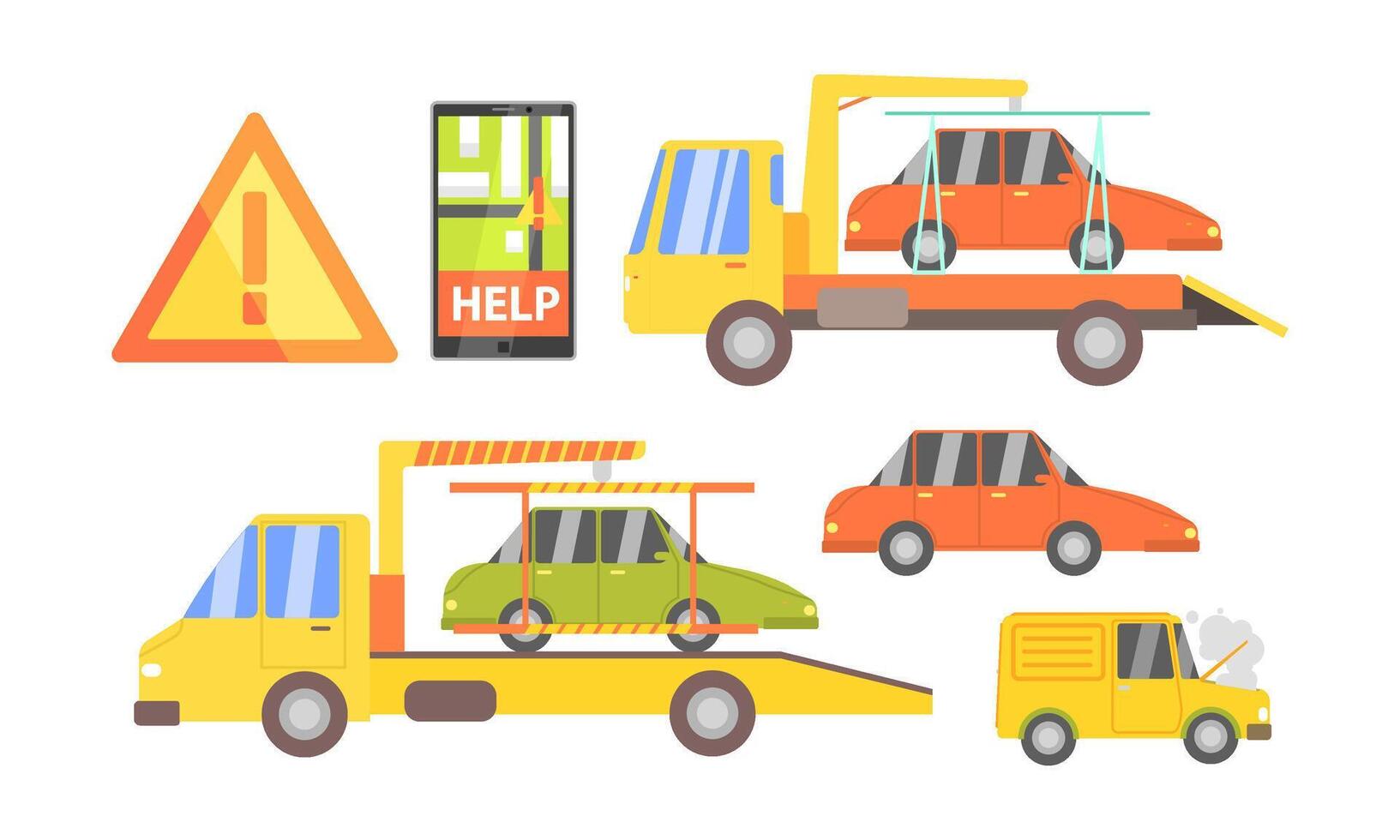 Car Evacuation Set, Road Assistance Service Help, Evacuator Tow Track and Damaged Cars Illustration vector