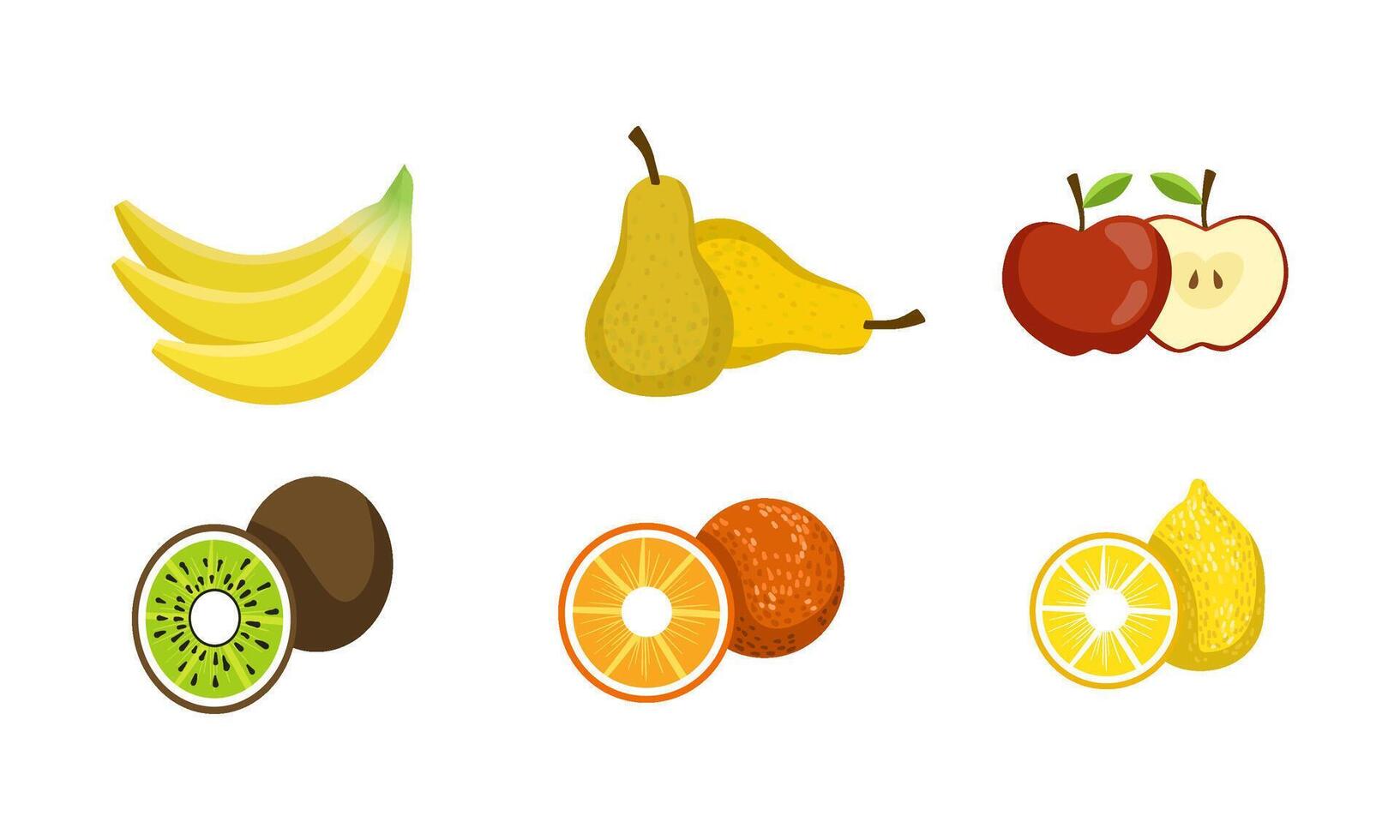 Fresh Fruits Set, Banana, Pear, Apple, Kiwi, Orange, Lemon Illustration vector