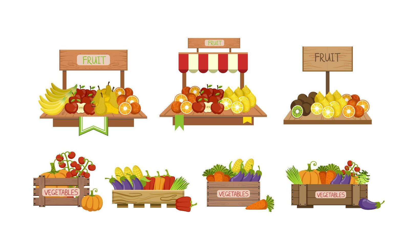 Market Stand with Fresh Organic Vegetables and Fruits in Crates Set Illustration vector