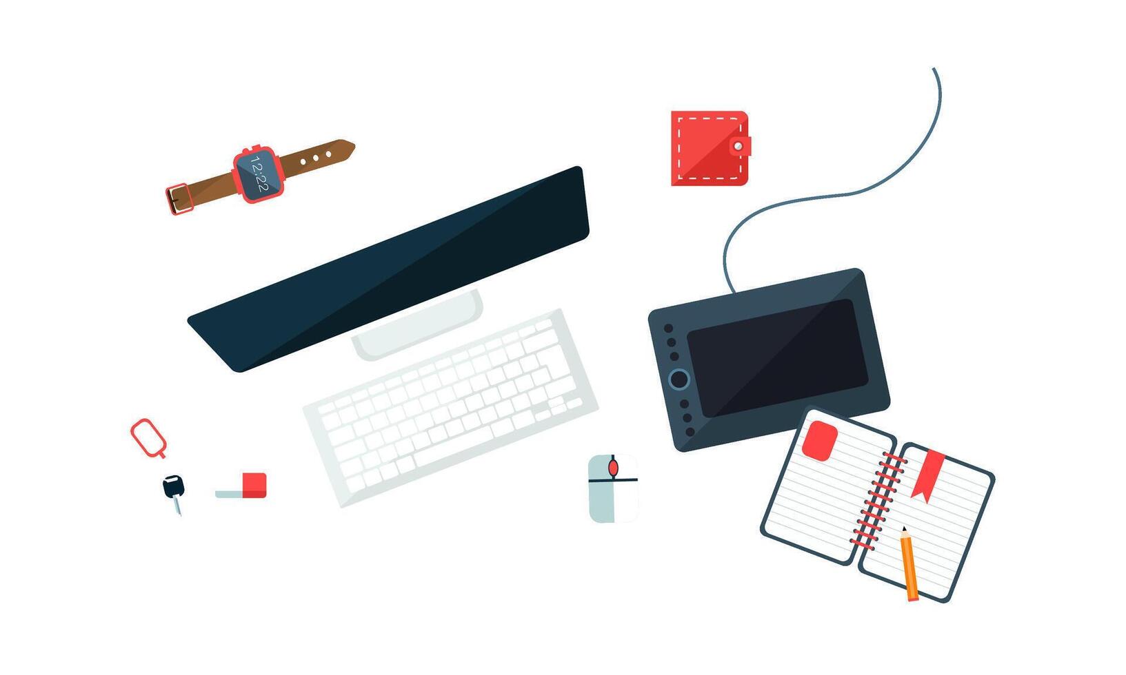 Office Worker Workplace, Freelancer, Businessman Desk, Computer, Wrist Watch, Notebook, Wallet, Keys Illustration vector