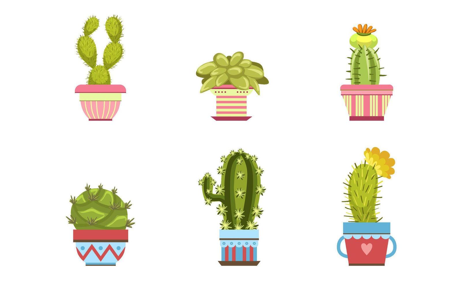 Cactus and Succulents in Flower Pots Set, Potted Houseplants Illustration vector