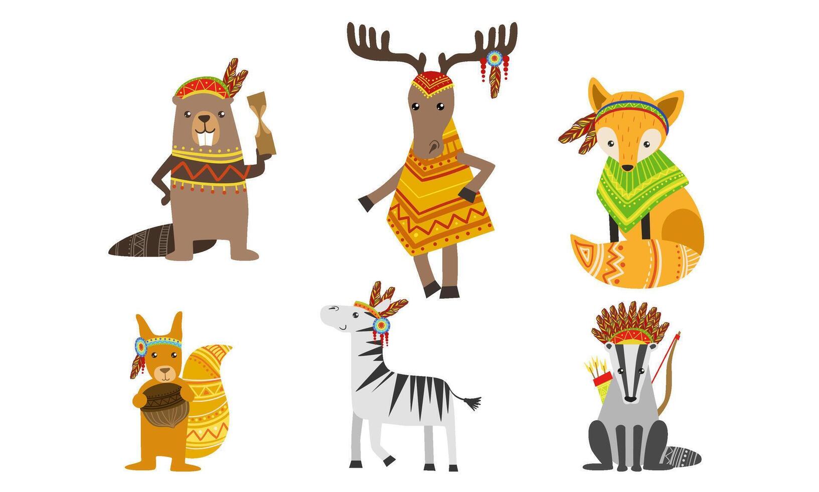 Ethnic Patterned Animals Set, Horse, Beaver, Squirrel, Zebra, Raccoon, Deer Illustration vector