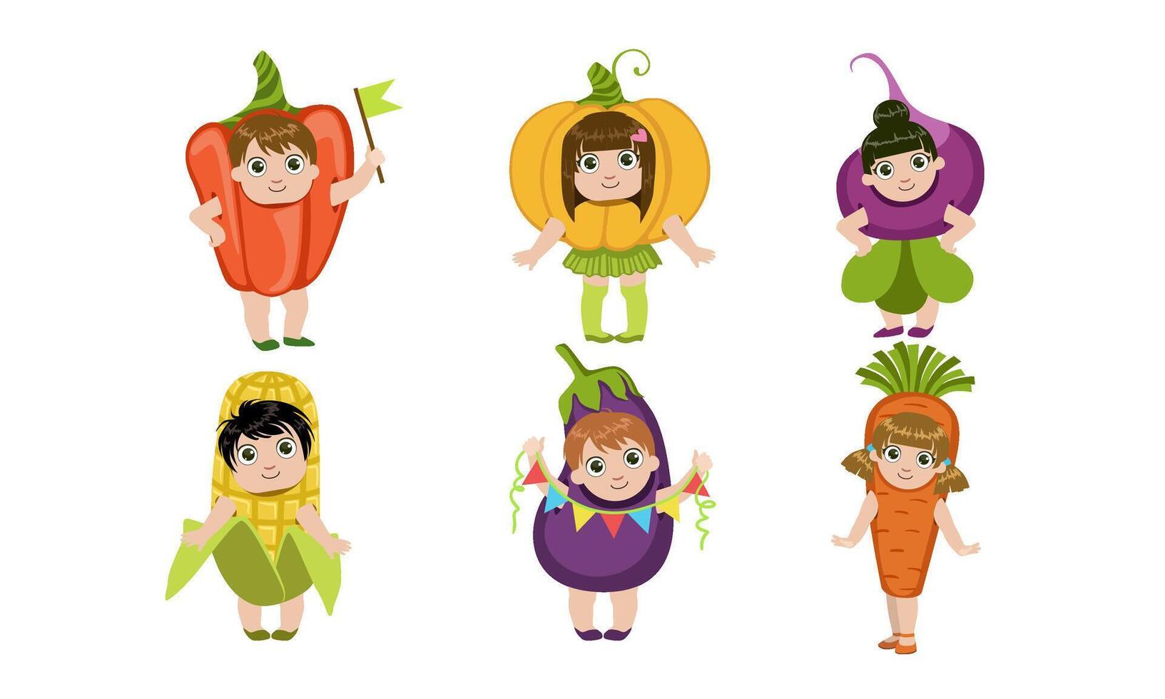 Cute Little Kids Dressed As Vegetables Set, Pepper, Pumpkin, Beetroot, Corn Cob, Eggplant, Carrot Illustration vector