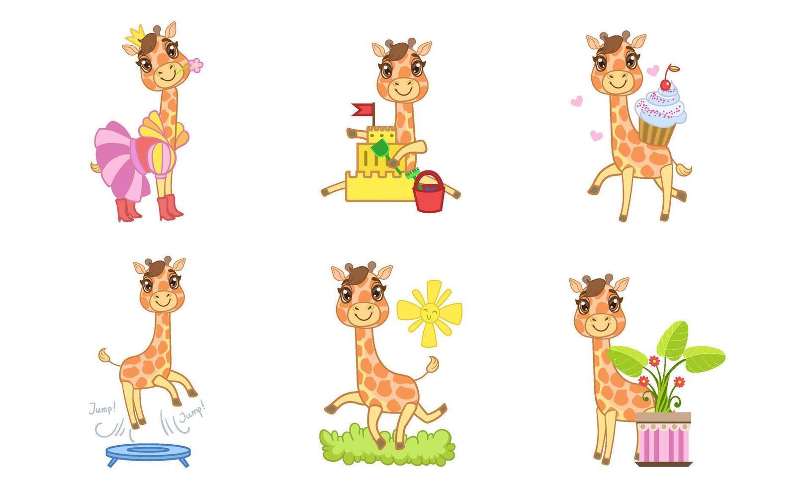 Cute Giraffe Cartoon Character Set, Adorable Animal in Different Situations Illustration vector
