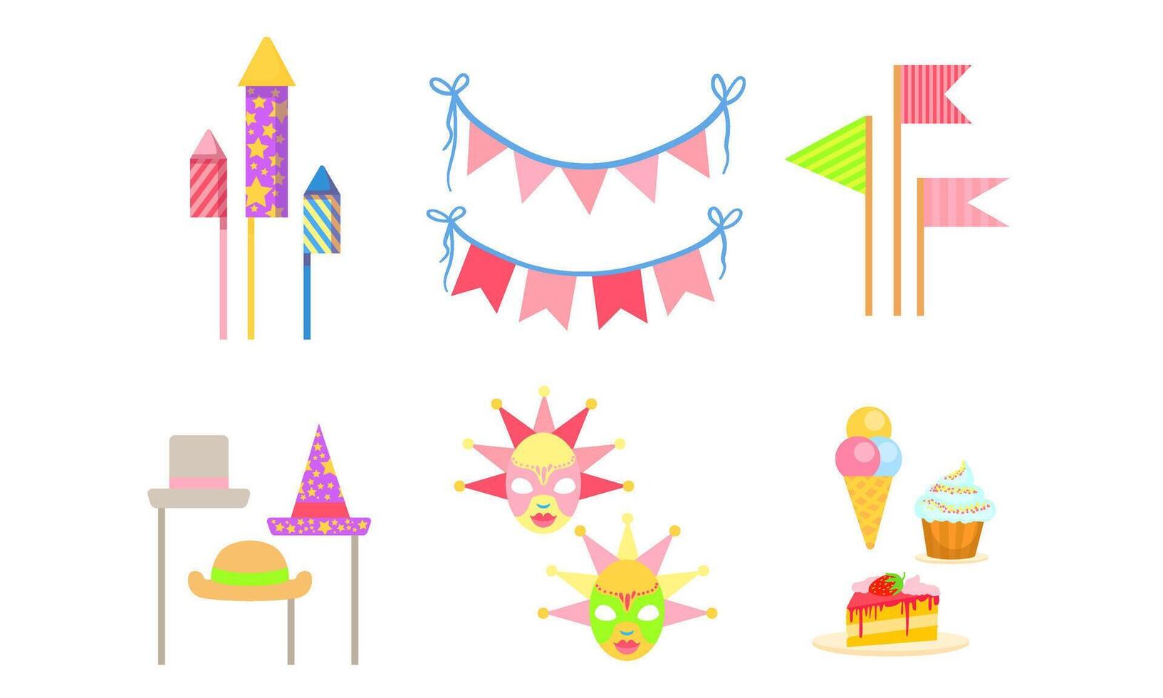 Party Symbols Set, Celebration Birthday, Carnival, Masquerade, Colorful Holiday Objects Illustration vector