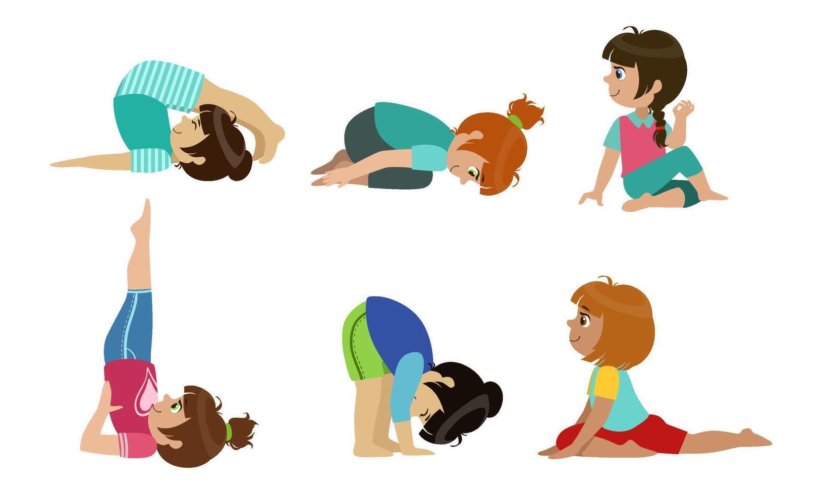 Cute Kids Performing Yoga Exercises Set, Physical Activity and Healthy Lifestyle Illustration vector