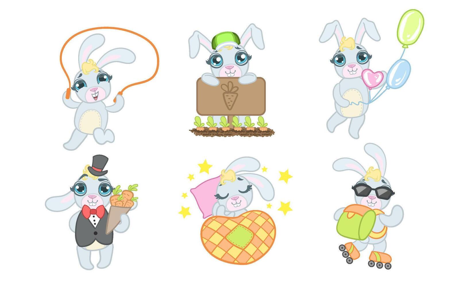 Adorable Bunny Cartoon Character Set, Cheerful Lovely Animal in Different Situations Illustration vector