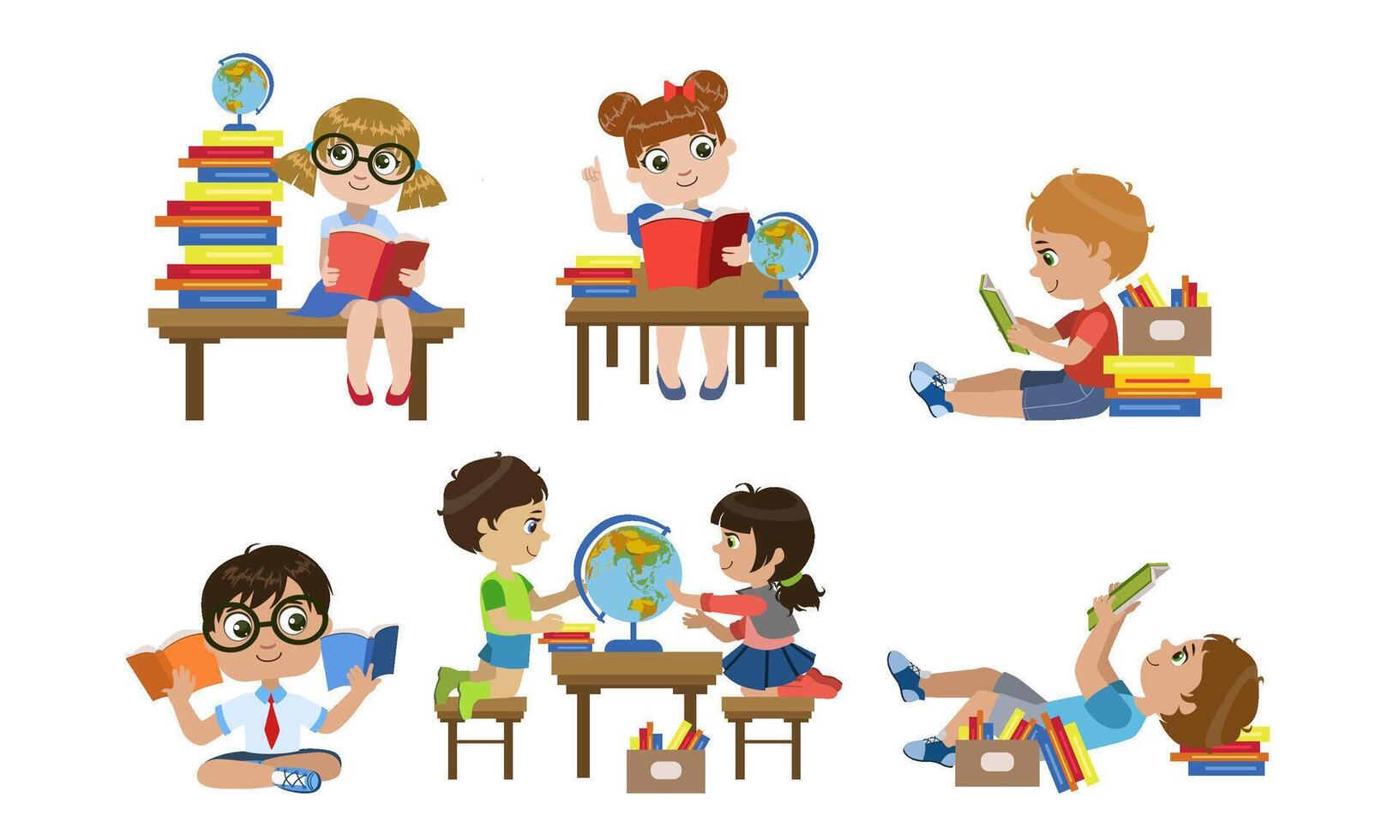 Cute Kids Reading Books Set, Children Learning Geography Illustration vector