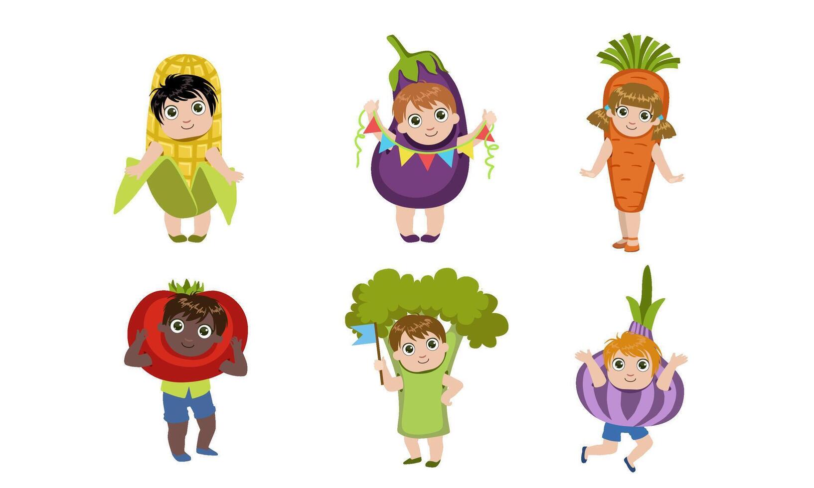 Cute Little Kids Dressed As Vegetables Set, Corn Cob, Eggplant, Carrot, Tomato, Broccoli, Garlic Illustration vector