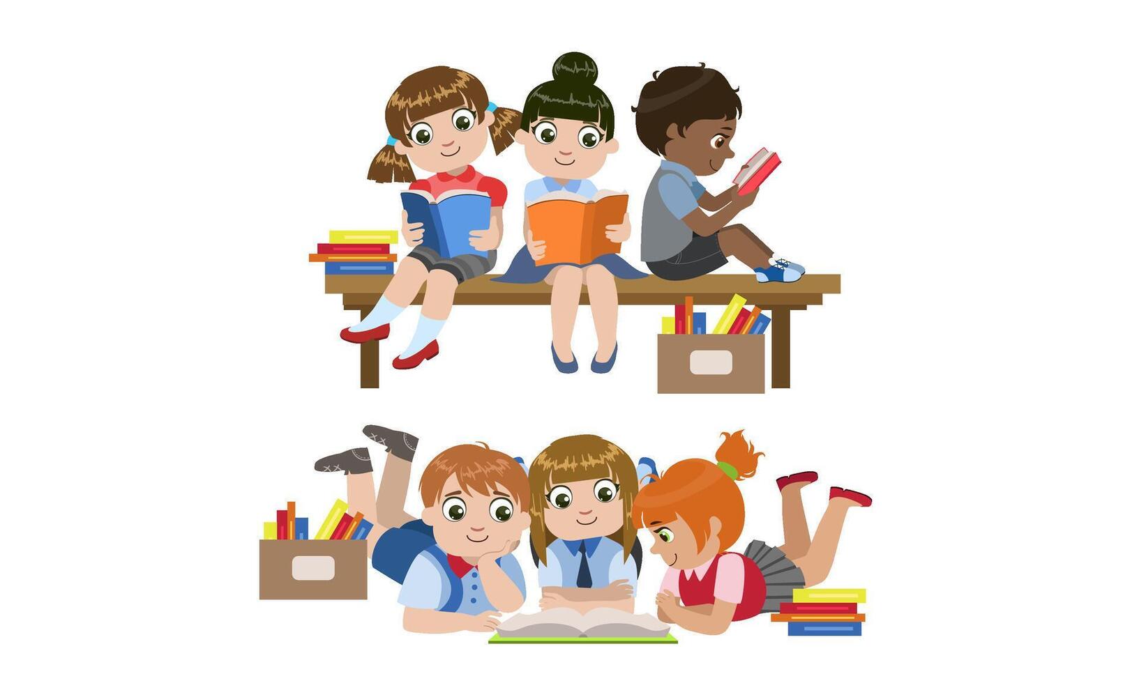 Cute Kids Enjoying of Reading Books Set Illustration vector