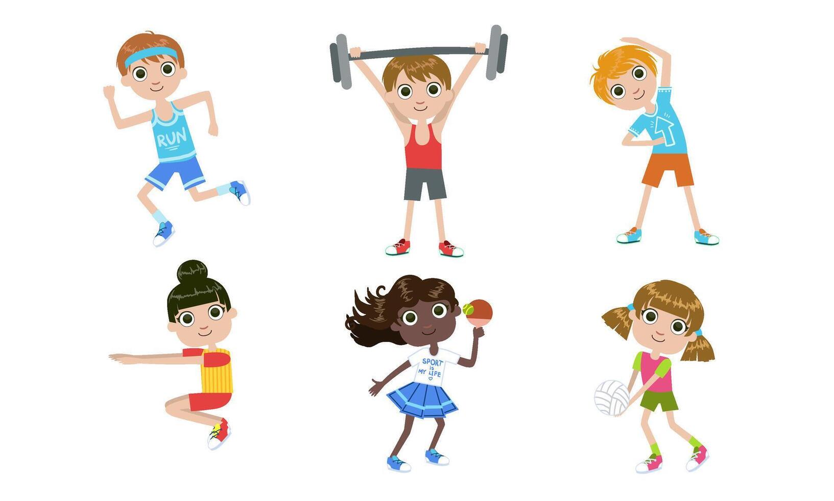 Kids Doing Different Kind of Sports Set, Boys and Girls Playing Table Tennis, Volleyball, Running, Exercising with Barbell Illustration vector