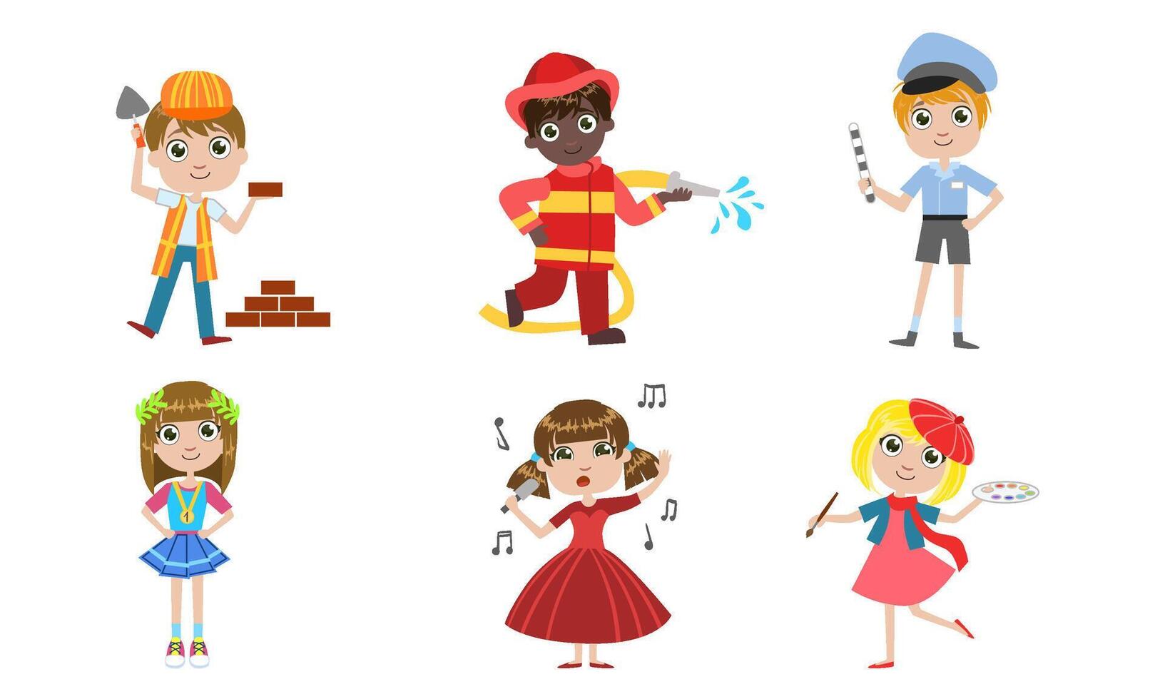 Kids of Different Professions Set, Builder, Fireman, Traffic Controller, Singer, Artist Illustration vector