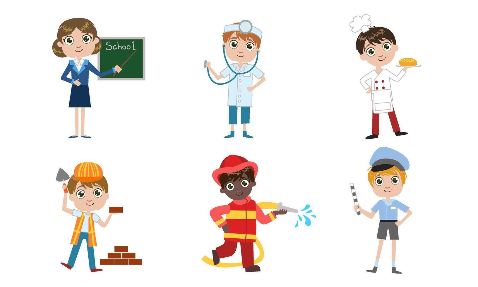 Kids of Different Professions Set, Teacher, Doctor, Cook, Builder, Fireman, Traffic Controller Illustration vector