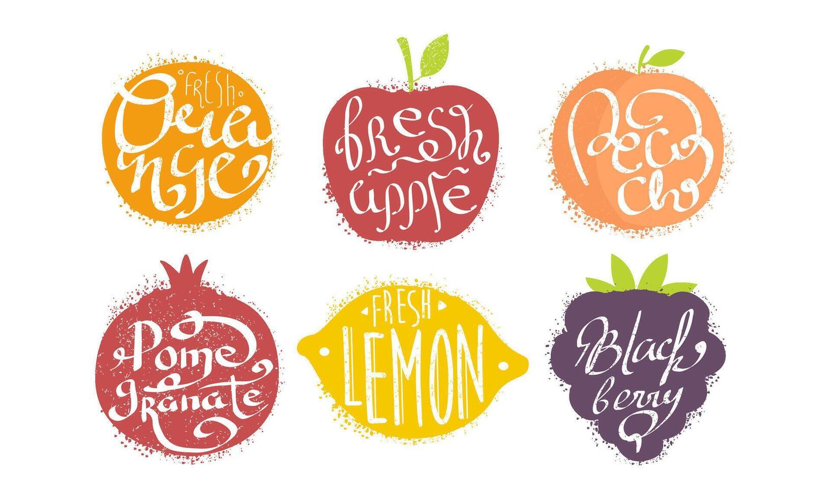Fresh Fruits Prints Set, Orange, Apple, Peach, Pomegranate, Lemon, Blackberry Grunge Style Illustration vector