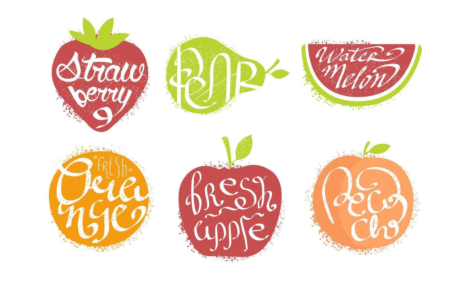 Fresh Fruits Prints Set, Strawberry, Pear, Watermelon, Orange, Apple, Peach Grunge Style Illustration vector