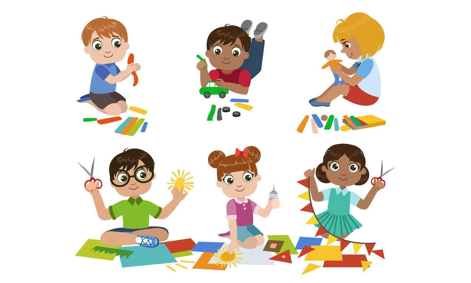 Creative Kids Set, Cute Boys and Girls Cutting with Scssors, Modelling from Plasticine, Childrens Education, Development Illustration vector
