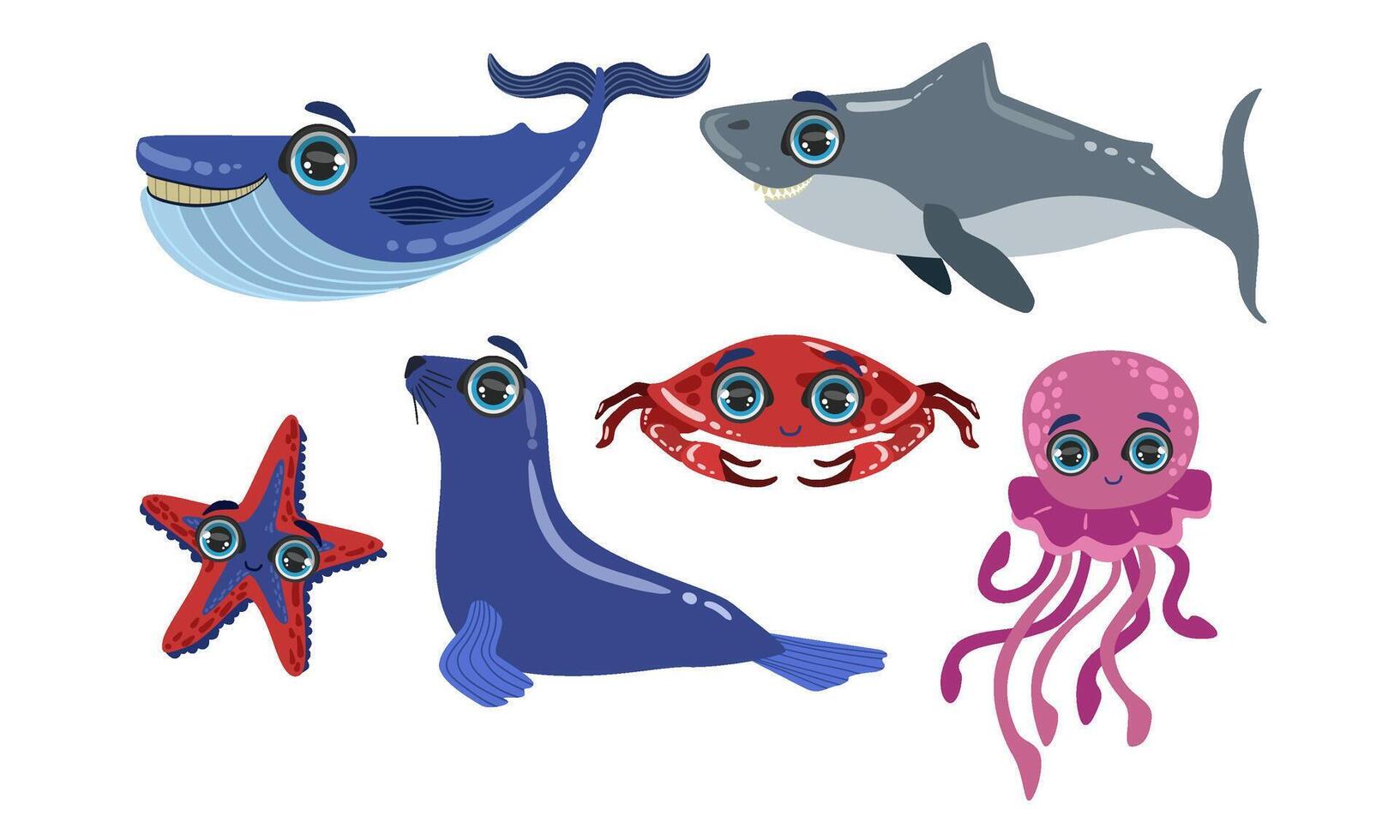 Cute Sea Creatures Collection, Ocean Animals and Fishes, Whale, Shark, Seal, Crab, Octopus, Starfish Illustration vector
