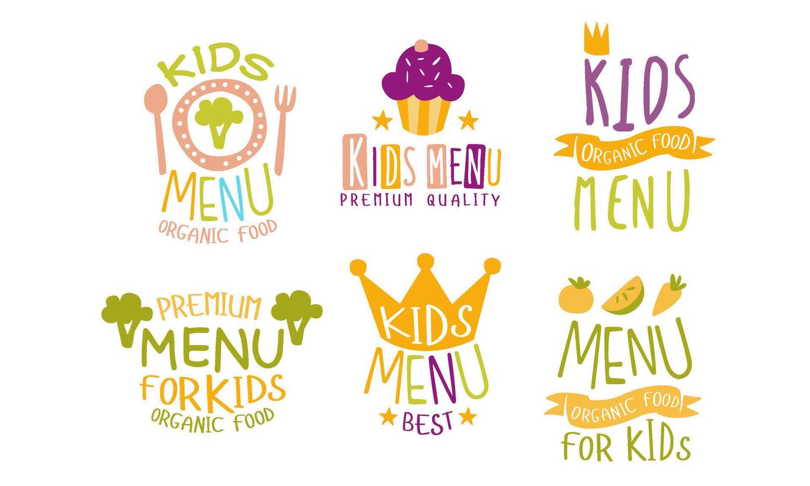 Kids Menu Premium Quality Labels Set, Organic Food for Children Hand Drawn Illustration vector