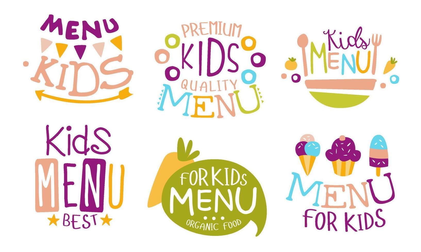 Kids Menu Premium Quality Labels Set, Organic Food for Children Illustration vector