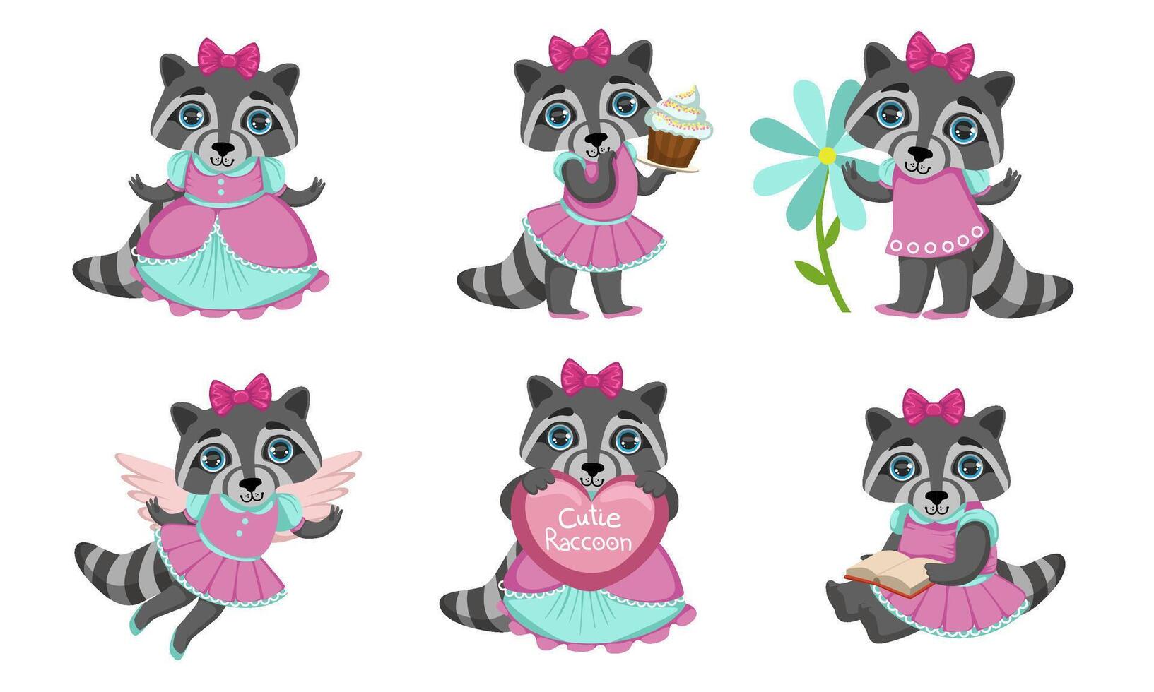Cute Raccoon Cartoon Character in Pink Dress and Bow Set, Adorable Animal in Different Situations Illustration vector
