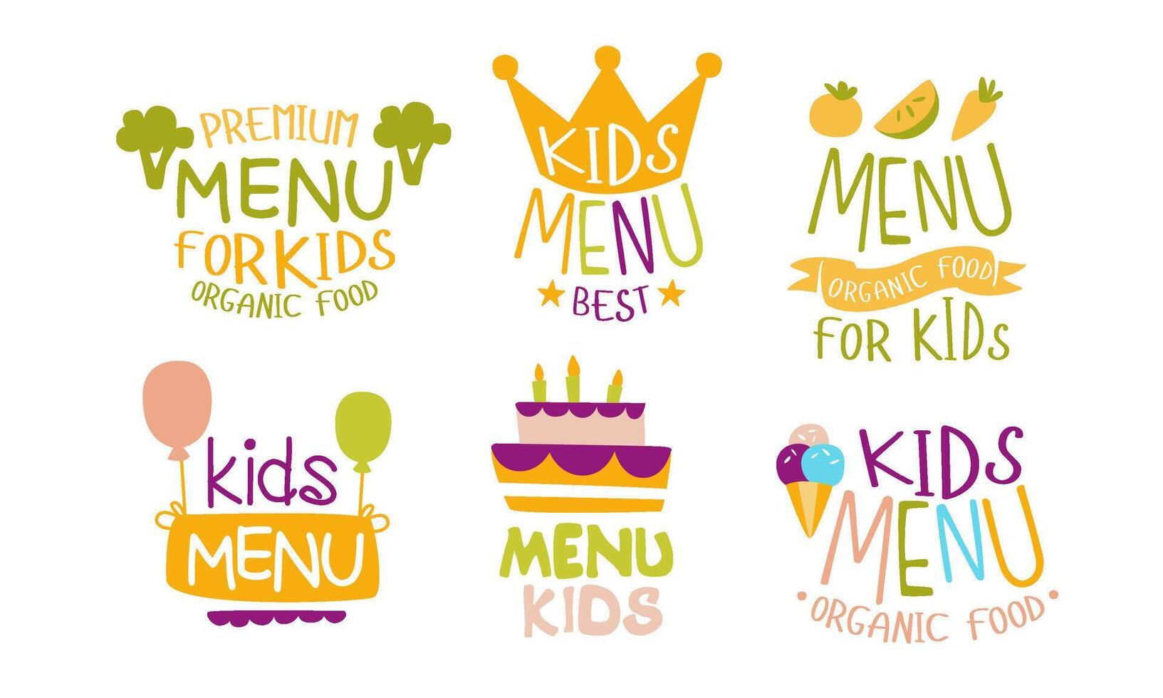 Premium Menu for Kids Labels Set, Organic Food for Children Hand Drawn Illustration vector