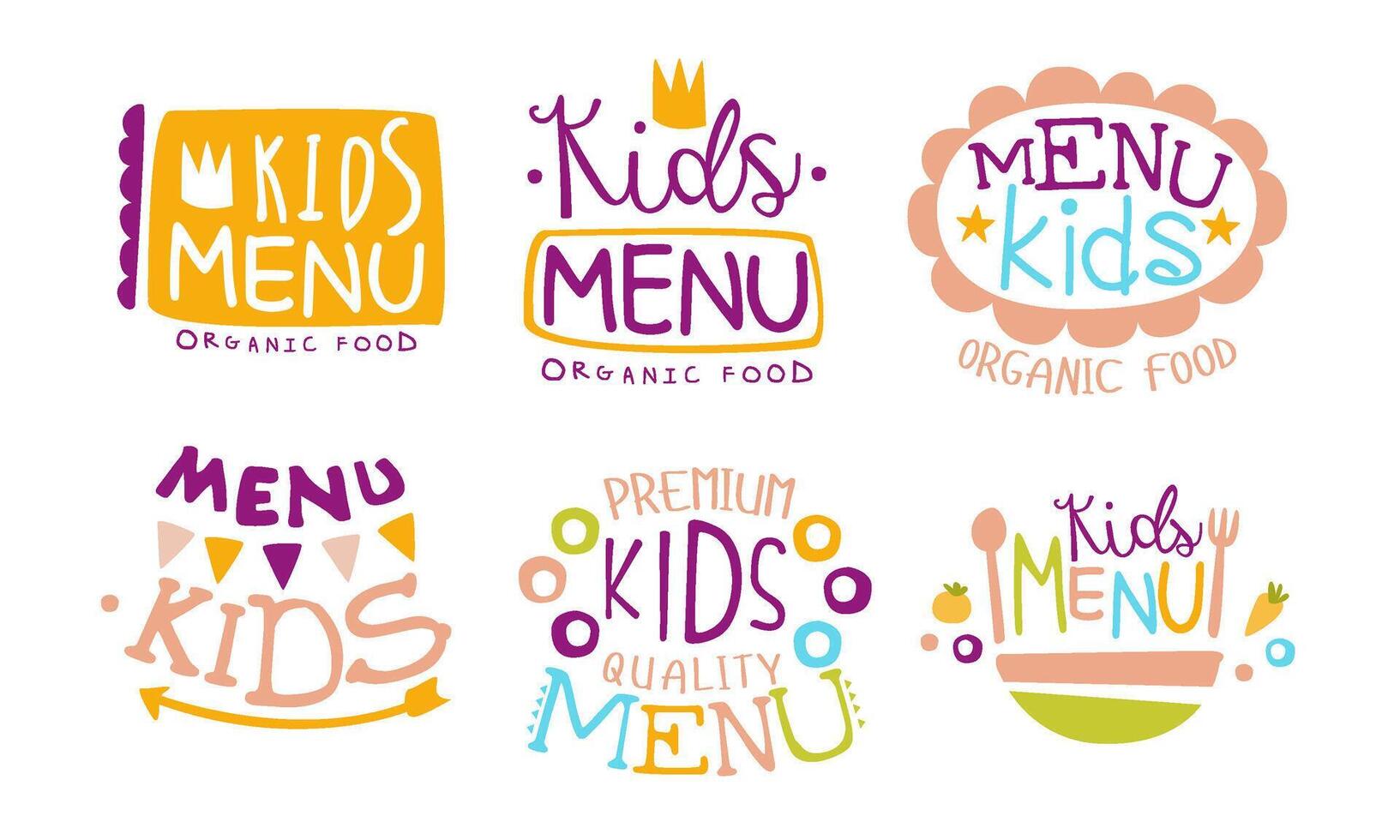 Kids Menu Organic Food Labels Set Hand Drawn Illustration vector