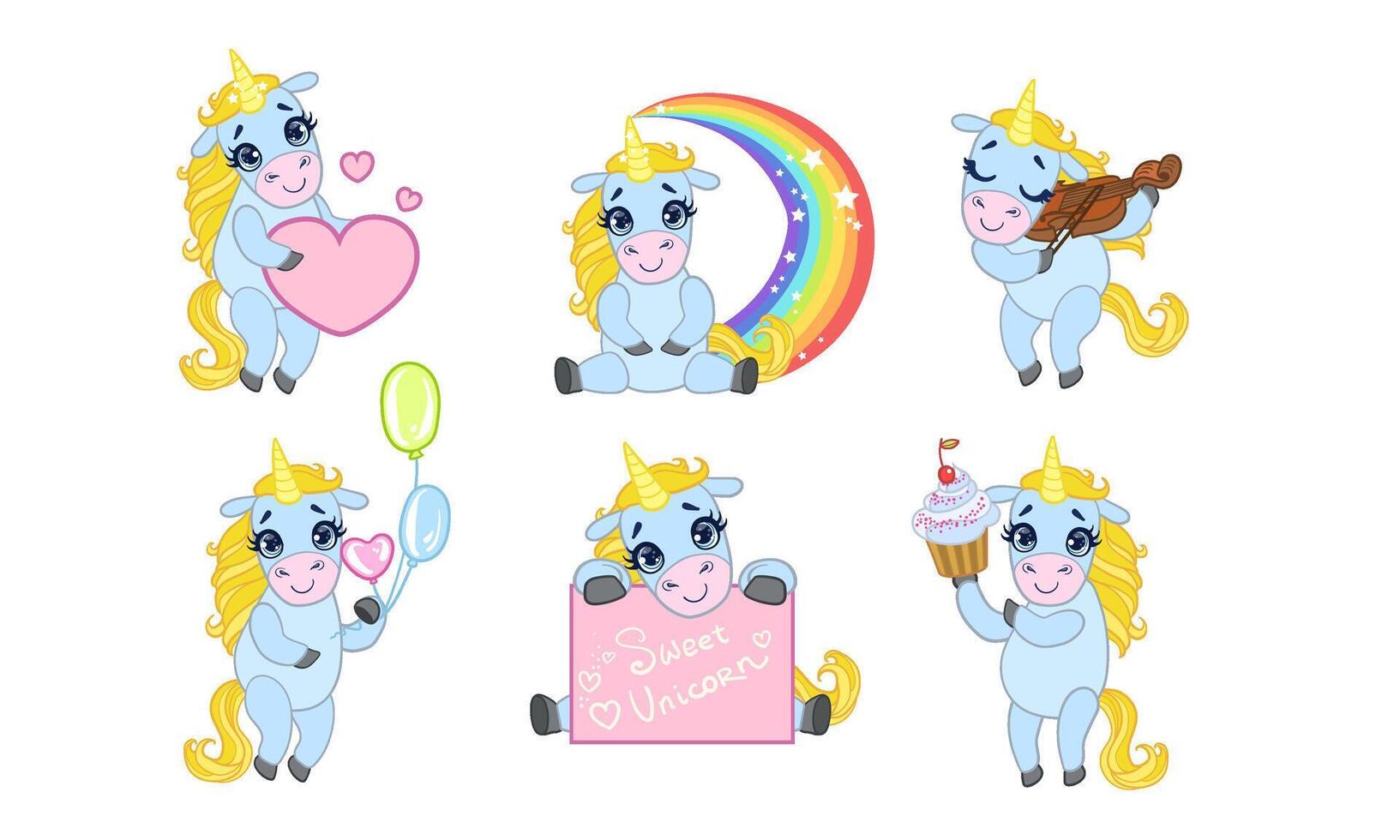 Adorable Sweet Unicorn Cartoon Character Set, Cute Fantasy Animal in Different Situations Illustration vector
