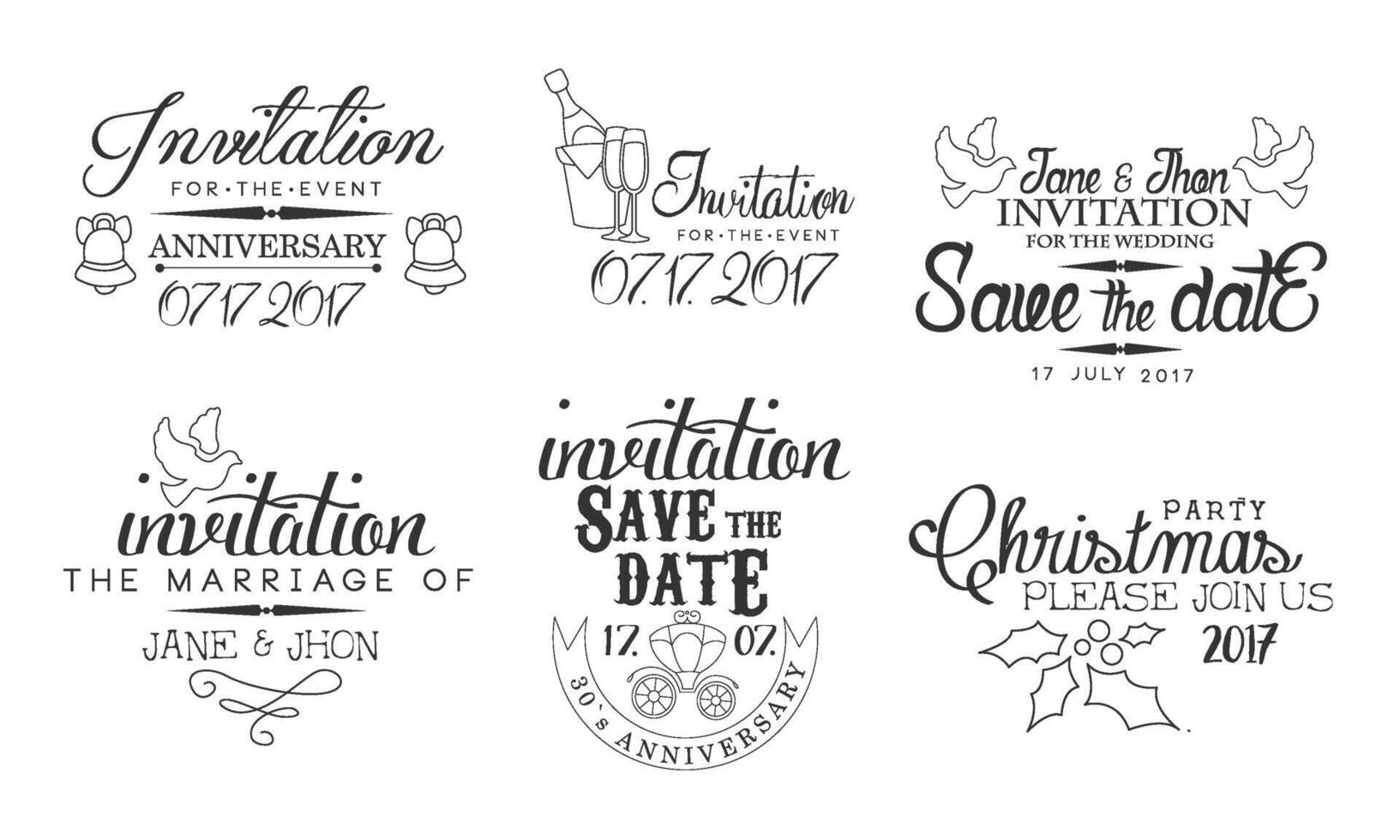 Invitation for the Event, Save the Date Monochrome Badges Set, Wedding, Christmas Party Design Element Hand Drawn Illustration vector