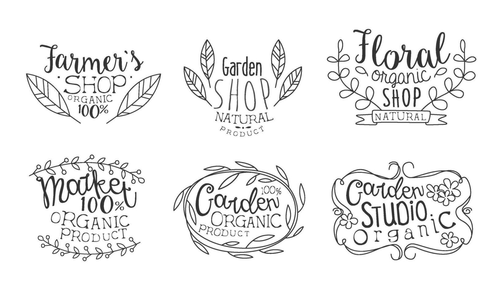 Garden Shop Hand Drawn Badges Set, Floral Organic Shop, Garden Organic Studio, Farmers Market Monochrome Illustration vector
