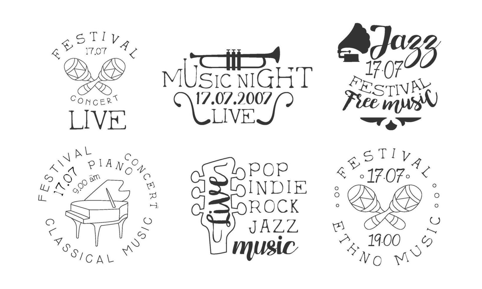 Festival Live Concert Hand Drawn Badges Set, Ethnic Music, Classical Music Concert, Pop, Indie, Rock, Jazz Music Monochrome Illustration vector