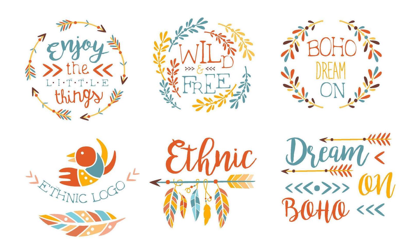 Enjoy the Little Things Hand Drawn Badges Set, Wild and Free, Boho Dream on, Ethnic Logo Templates Illustration vector