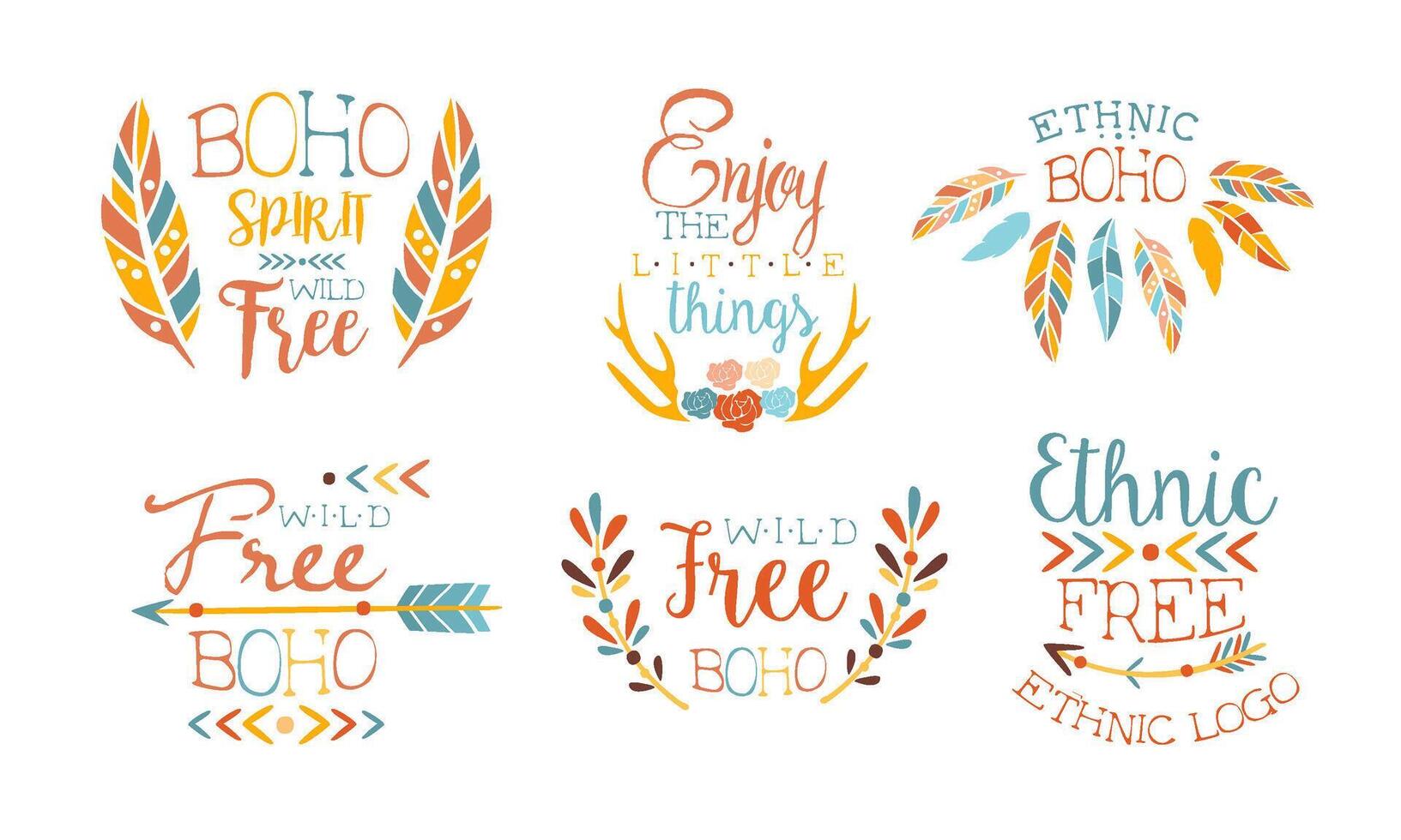 Enjoy the Little Things Hand Drawn Badges Set, Boho Spirit Wild Free, Ethnic Logo Templates Illustration vector