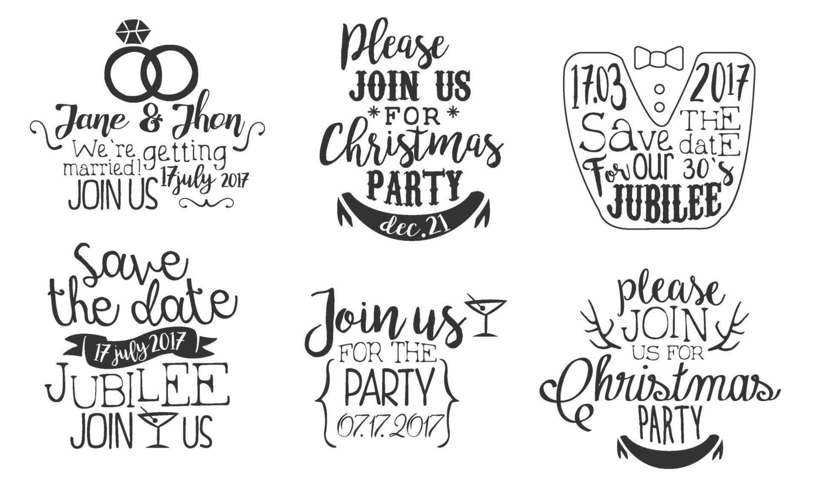 Invitation for the Event Monochrome Badges Set, Wedding, Save the Date, Christmas Party Design Element Hand Drawn Illustration vector