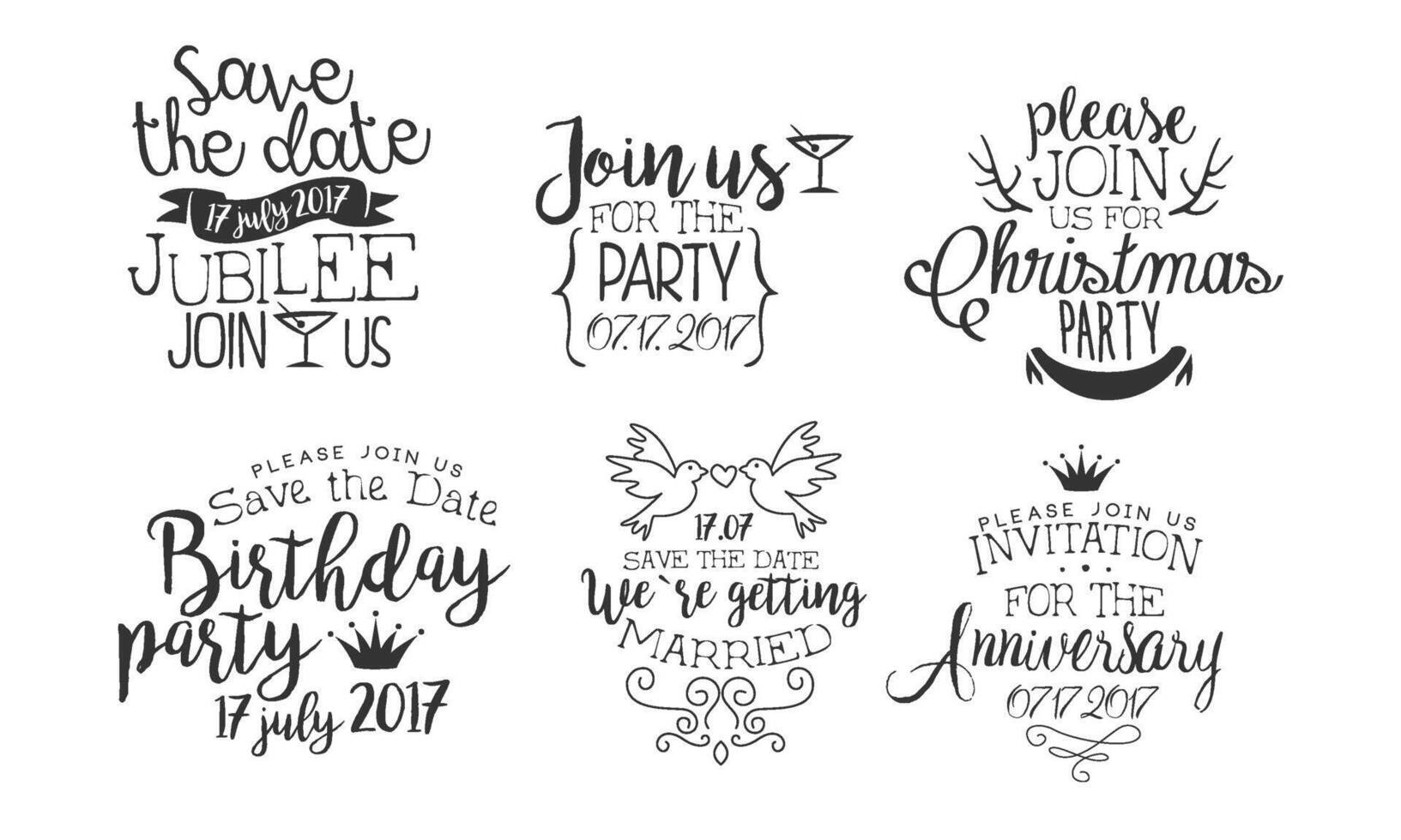 Invitation for the Event, Save the Date Monochrome Badges Set, Wedding, Christmas, Party, Anniversary Design Element Hand Drawn Illustration vector
