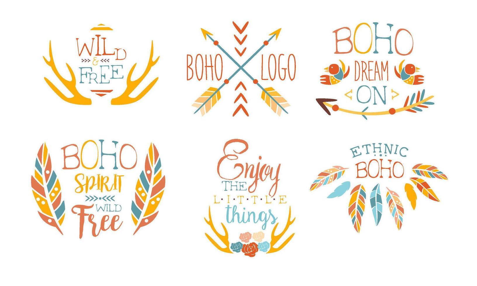 Enjoy the Little Things Hand Drawn Badges Set, Boho Spirit Wild Free, Dream on, Ethnic Boho Logo Templates Illustration vector
